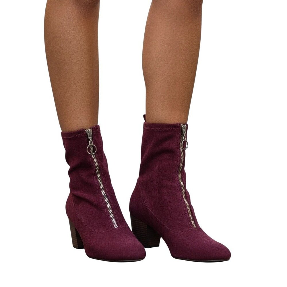 Burgundy Suede Ankle Booties With Front Zipper & Block Heels - Picture 2 of 13
